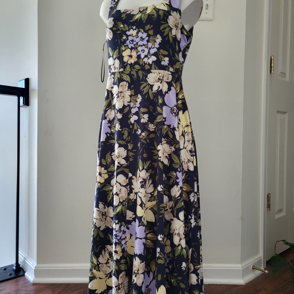 nine britton Navy Floral Maxi Dress with Lavender and Cream Blooms